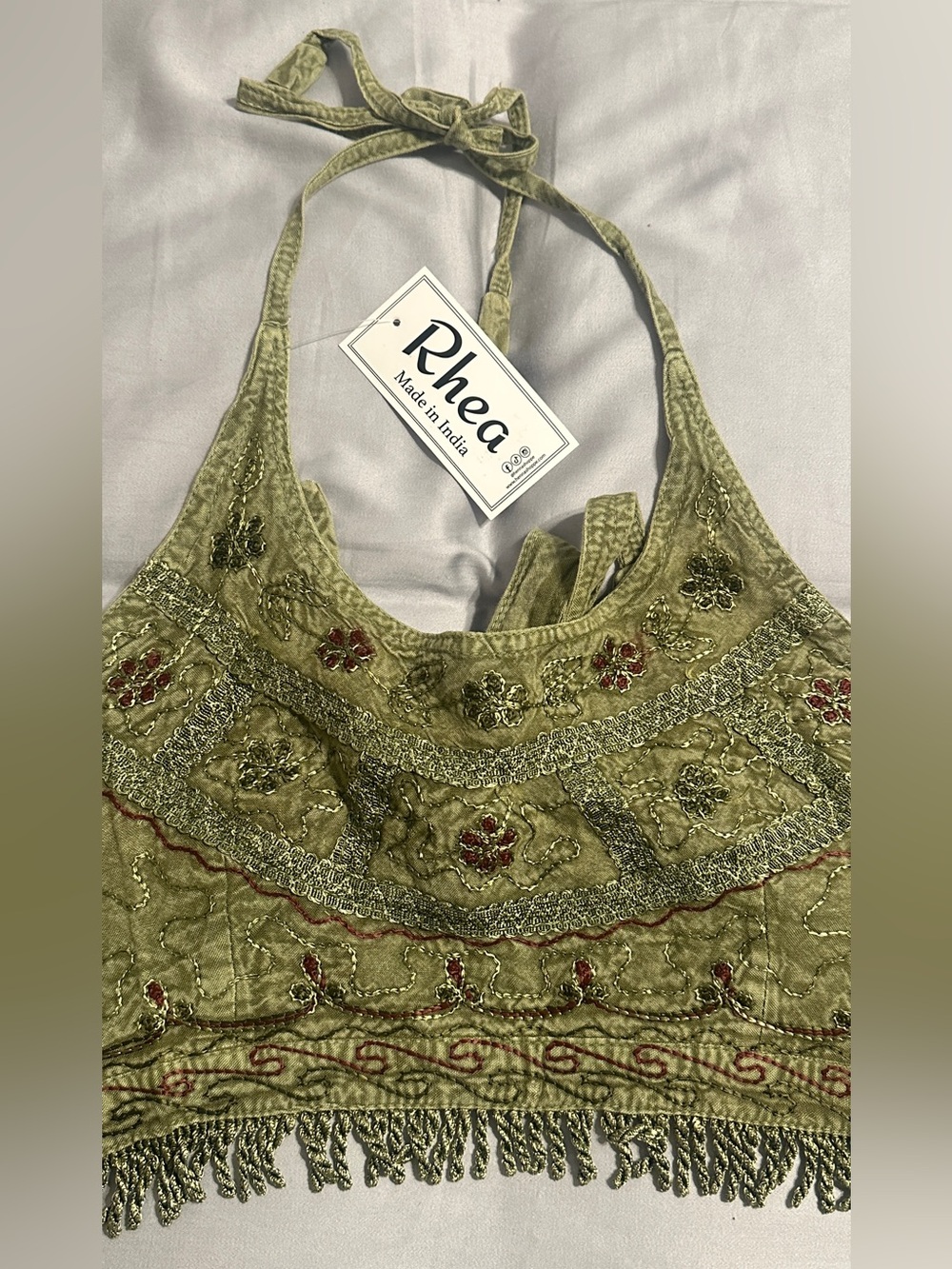 Rhea Made In India Olive Green Embroidered Viscose Halter Cropped Top, One Size